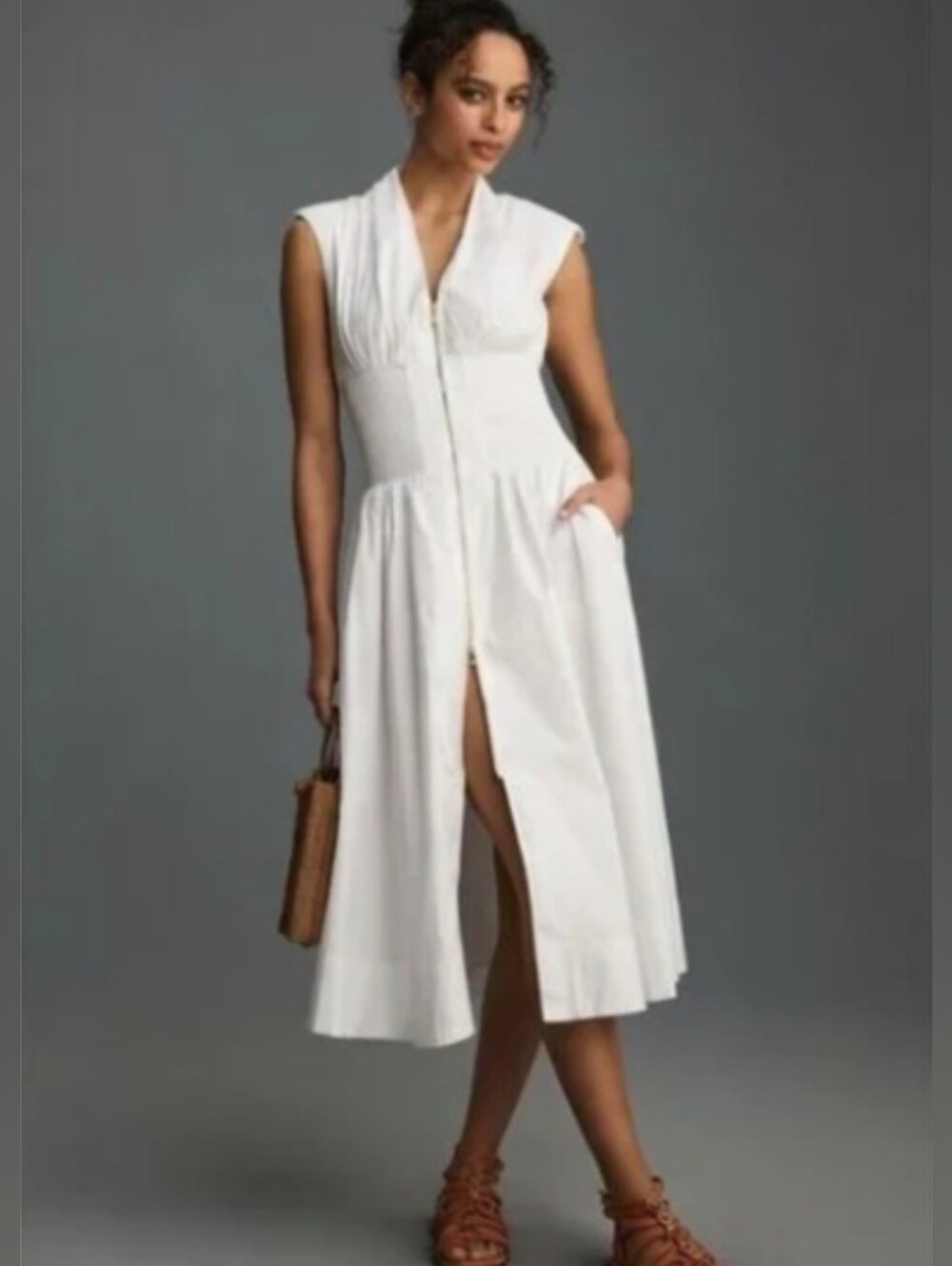 Anthropologie Women's White Sleeveless V-Neck Shirred Waist Dress